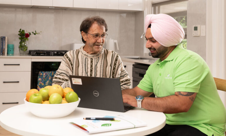 Helping Hand worker helping client on laptop